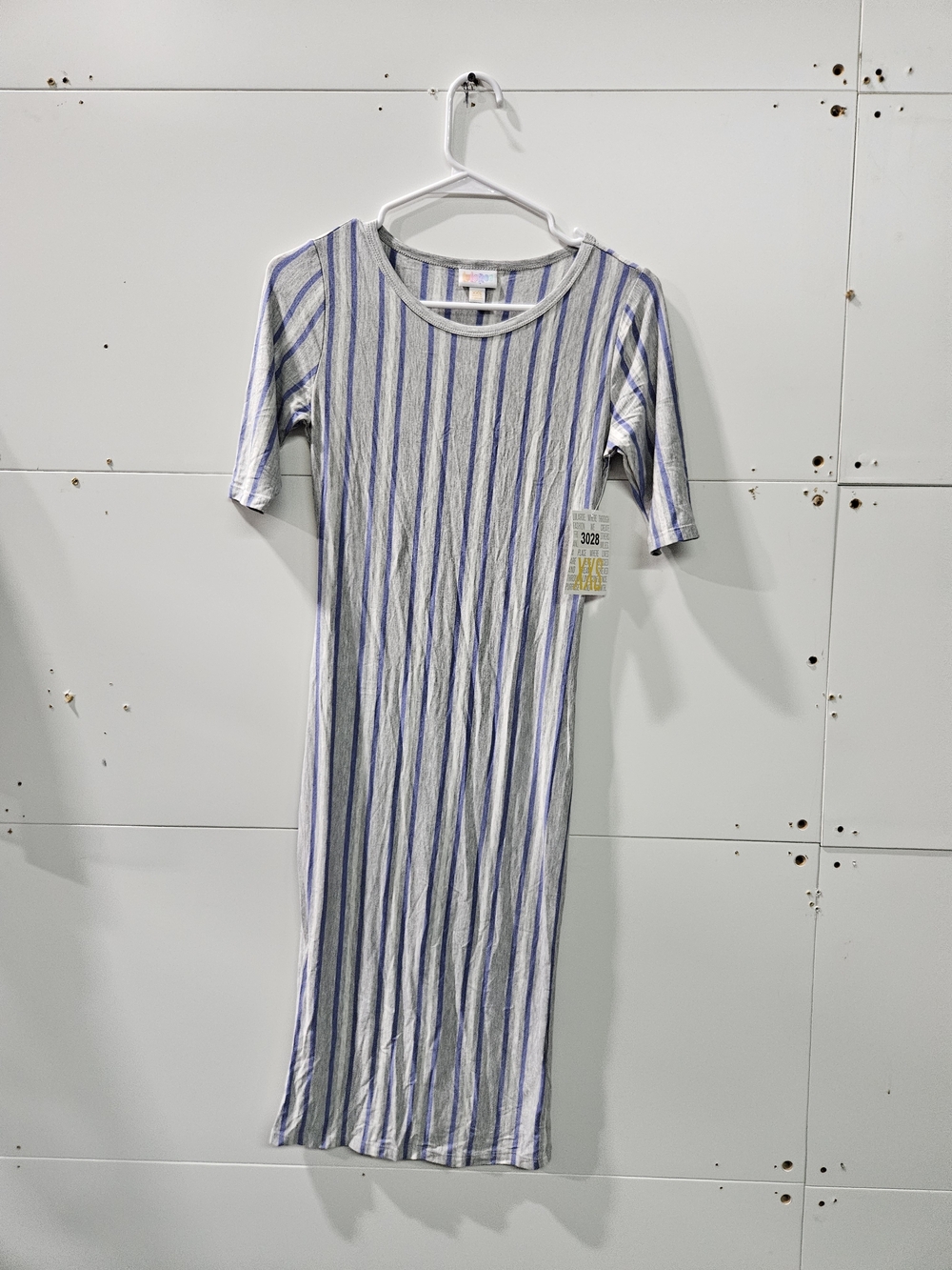 LuLaRoe Striped Midi T-Shirt Dress in Heather Gray and Blue Casual Stretchy Nwt